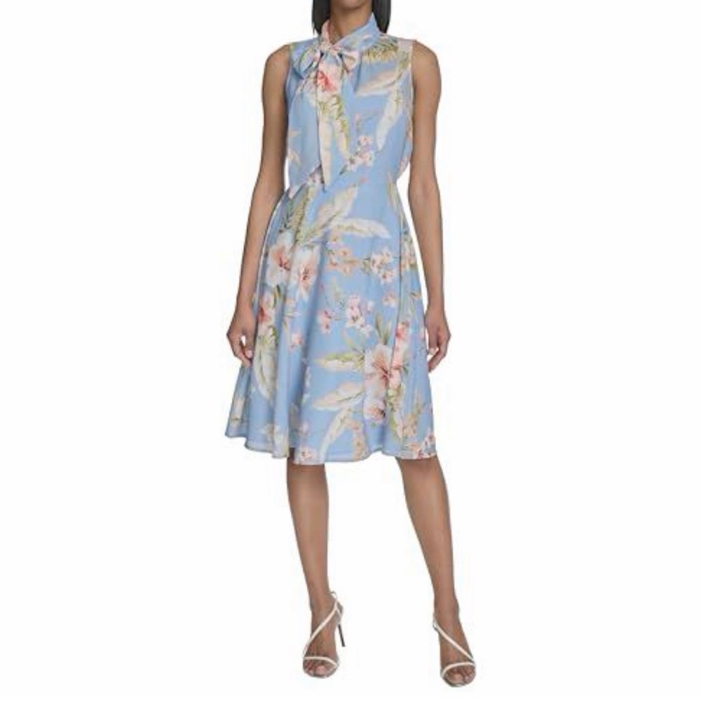 Halston Blue Floral Tie Neck Sleeveless Midi Dress Size 10 NWT